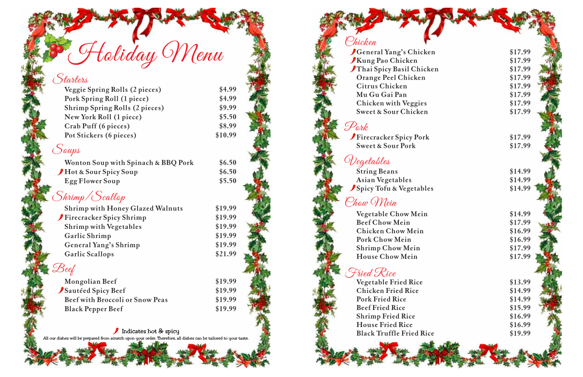 Christmas Menu Yang's Chinese Cuisine